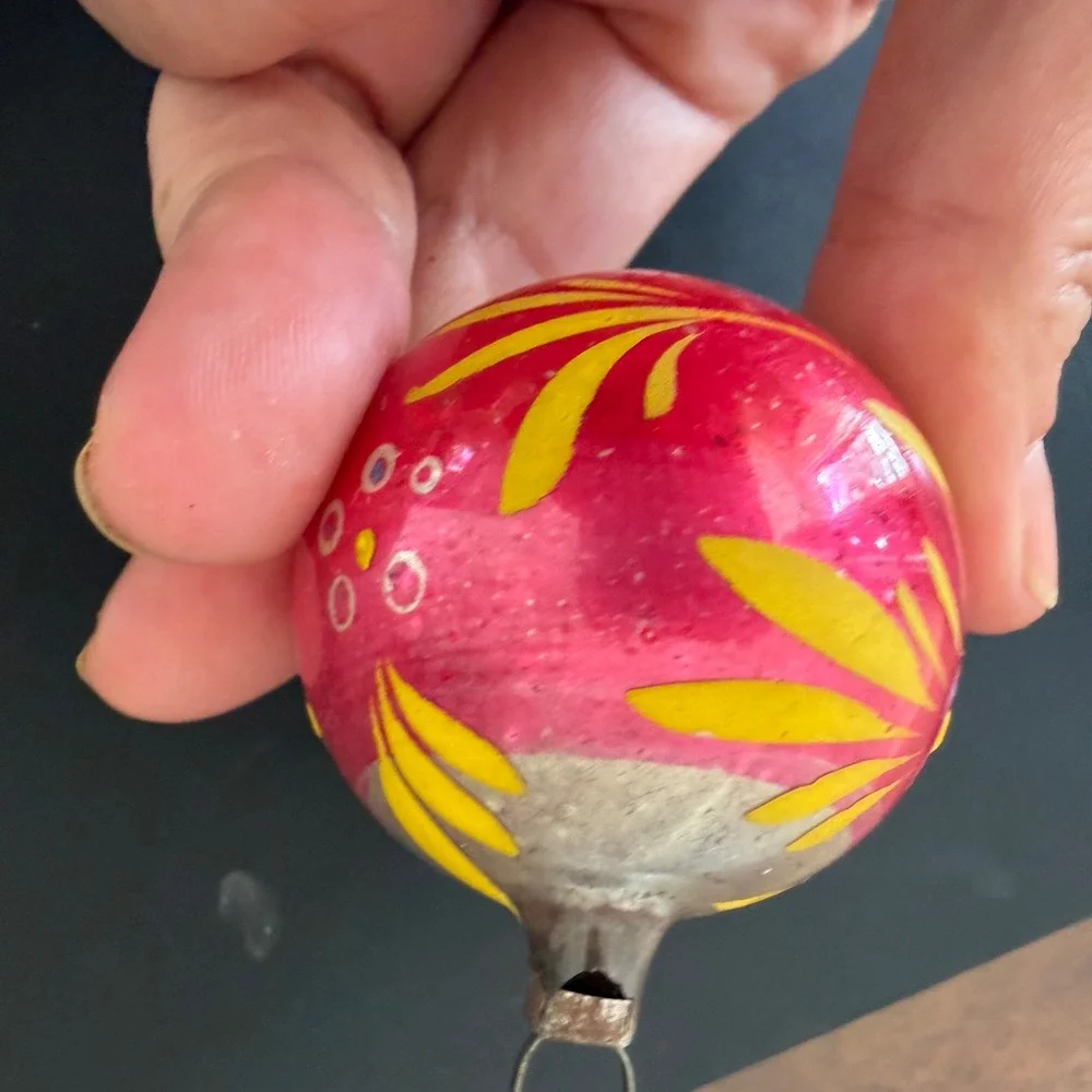 Vintage Pink Mercury Glass Christmas Ornament Hand Painted Yellow Leaves MCM
